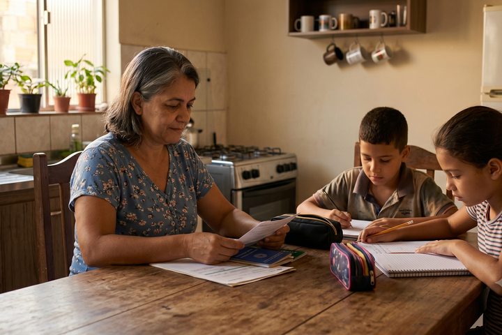 Mãe com filhos em casa, família protegida